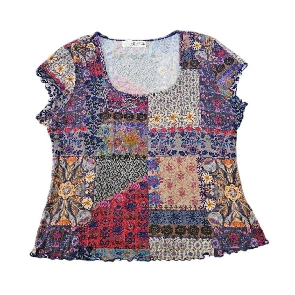 Natural Life Patchwork Floral Scoop Neck Top Lettuce Edge Women XL Short Sleeve